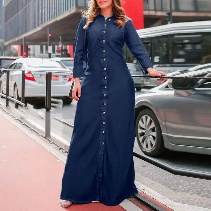 Plus Size Women's Casual Denim Long Dress with Collar and Button-Up