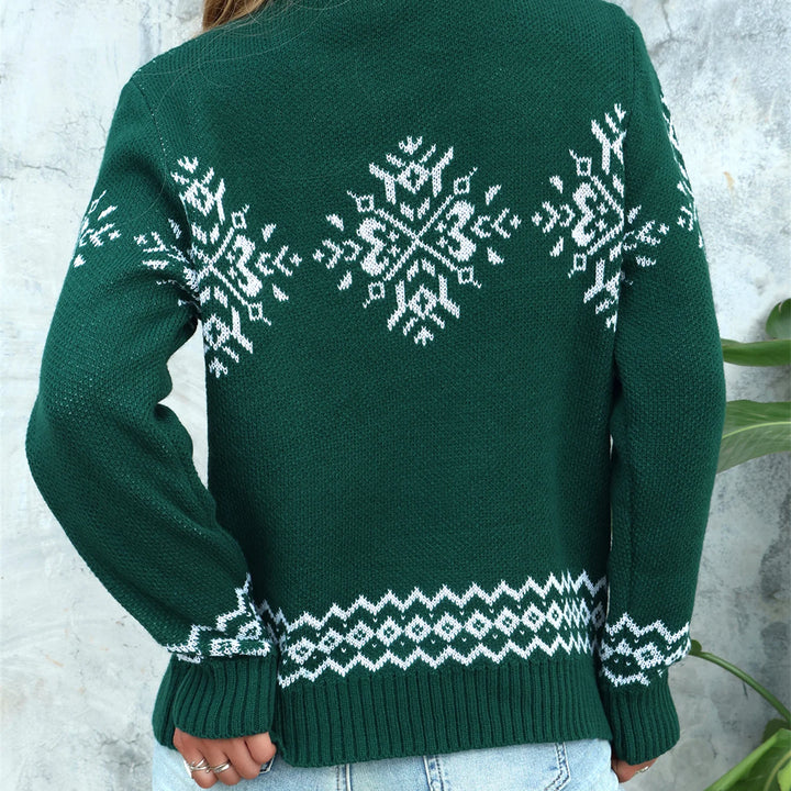 Elegant High Neck Snowflake Jacquard Knitted Pullover - Women's Woolen Long Sleeve