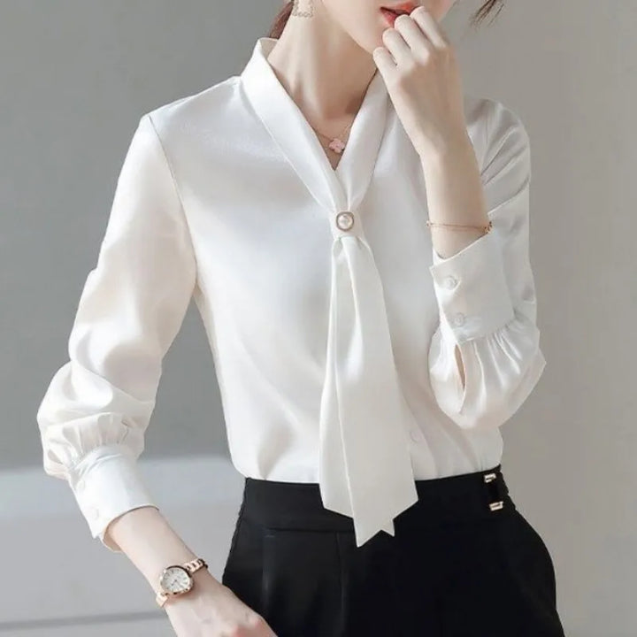 Women's Spring Bow Tie Blouse - Casual Long Sleeve Shirt