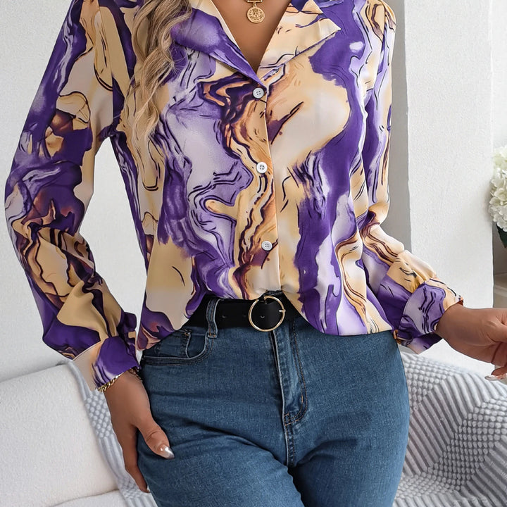 Casual All Over Print Notch Collar Button Long Sleeve Shirt