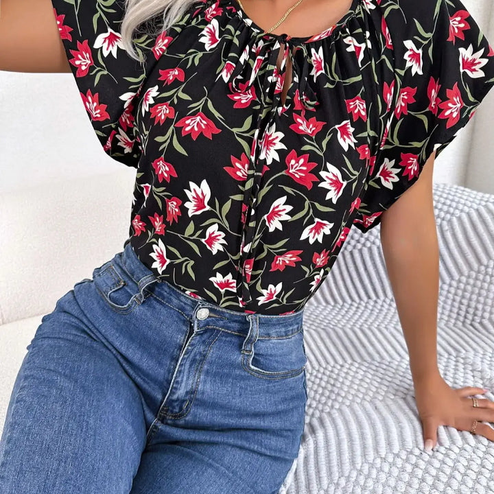 Floral Drawstring Blouse - Casual Crew Neck Short Sleeve Top