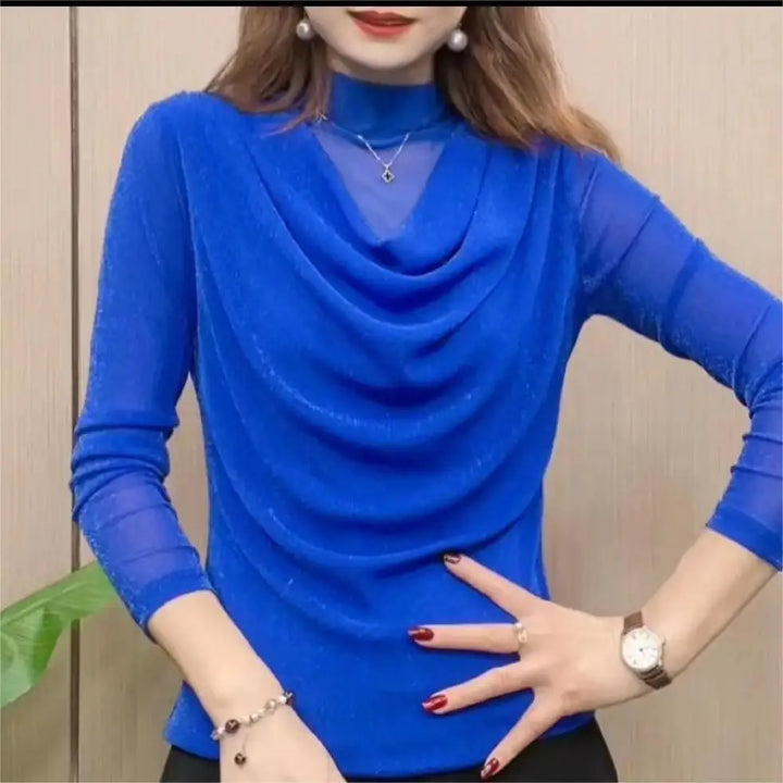 Temperament Pleated T-Shirt - Long Sleeve Half High Neck Vintage Office Pullover