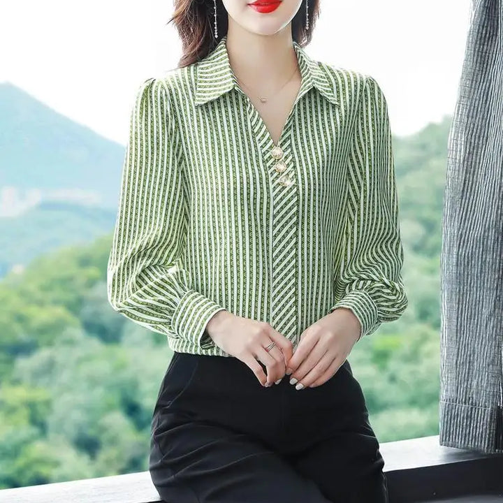 Striped Print Fashion Blouse - Elegant Office Lady Long Sleeve Shirt