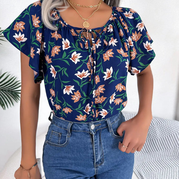 Floral Drawstring Blouse - Casual Crew Neck Short Sleeve Top