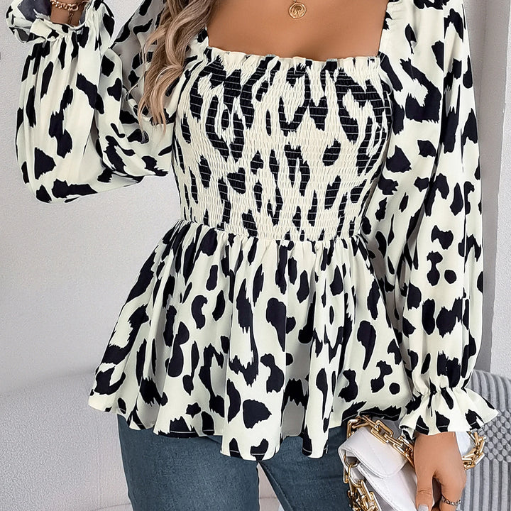 Casual Allover Print Square Neck Shirred Ruffle Hem Blouse