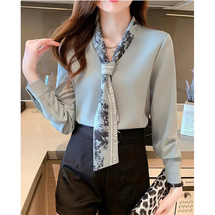 Spring Autumn Scarf Collar Shirt - Elegant Long Sleeve Office Blouse