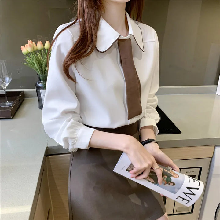 Long Sleeve Chiffon Blouse - Turn Down Collar Office Top