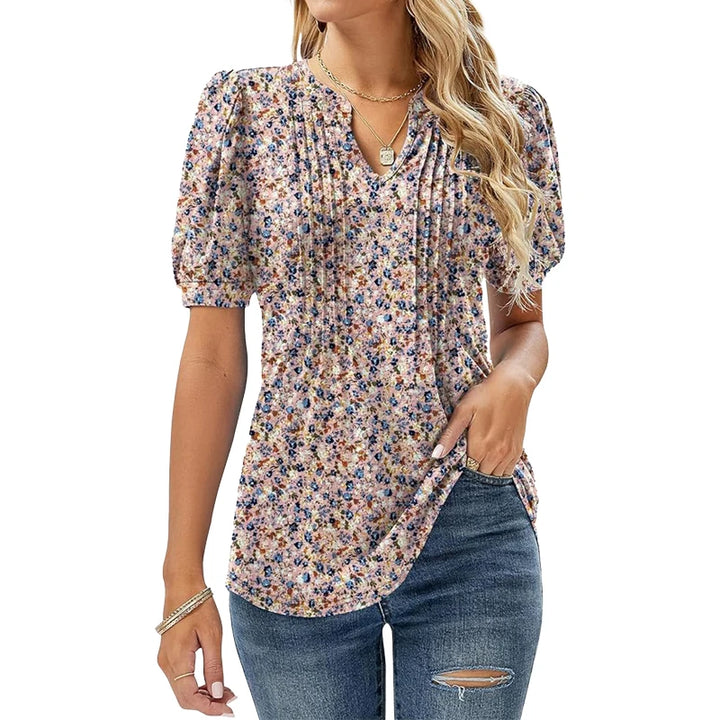 Women's V-Neck Tunic - Puff Sleeve Pleated Casual Summer Blouse