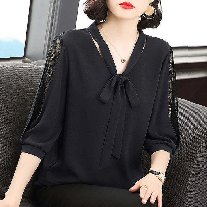 Women’s Spring Summer Blouse - Casual Bow Tie Collar Lace Sleeve Top