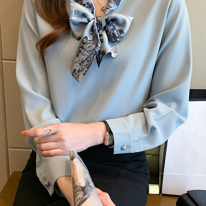 Elegant Autumn Bow Chiffon Blouse - Loose Fit Office Lady Shirt