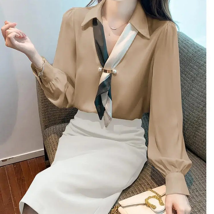 Women’s Bow Tie Blouse - Elegant Korean Fashion V-Neck Long Sleeve Office Top