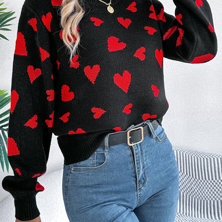 Autumn Winter Love Pattern Knitted Pullover - Round Neck Long Sleeve Sweater