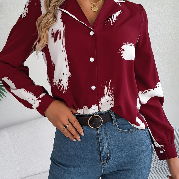 Elegant Long Sleeve Brush Print Button Front Work Office Shirt