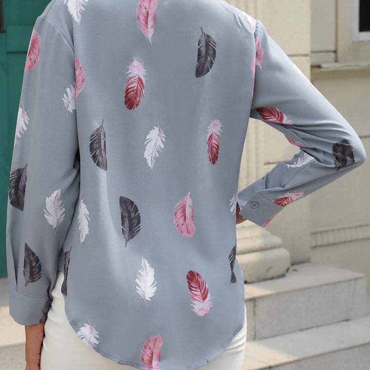 Casual Turn-Down Collar Front Button Feather Print Long Sleeved Shirt Women Blouse