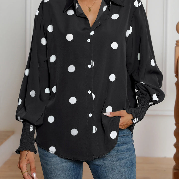 Casual Lapel Button Down Balloon Polka Dot Print  Lantern Sleeve Shirt