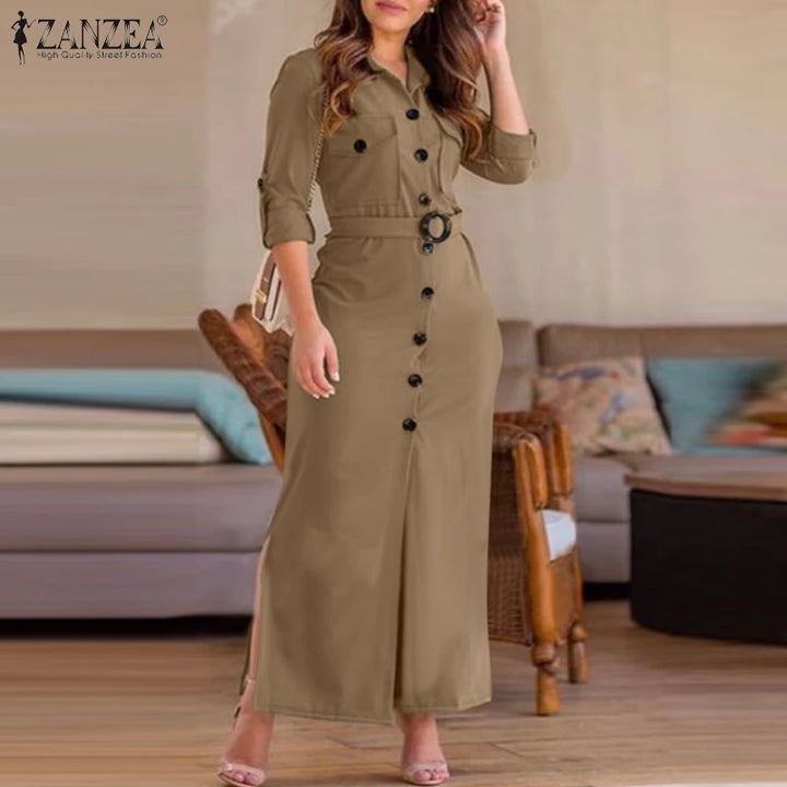 ZANZEA Women's Turn-Down Collar Belted Long Sleeve Maxi Shirtdress