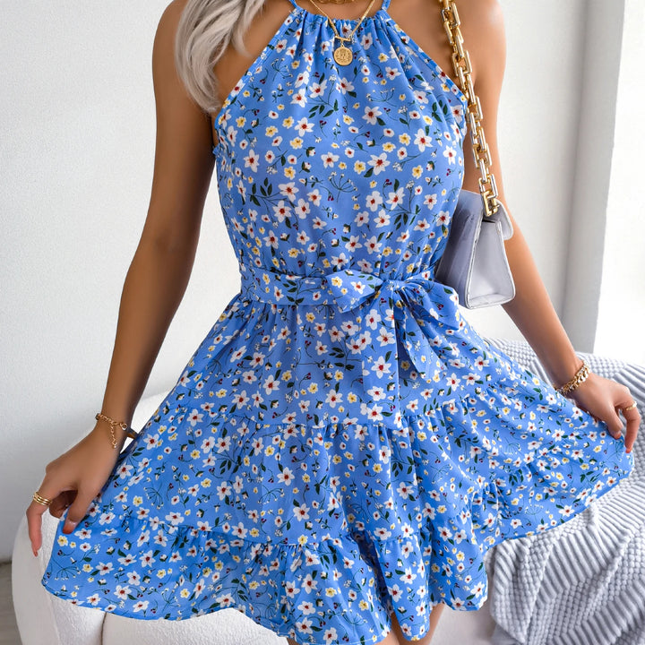 Vacation Sleeveless Floral Print Belted Beach Dress For Summer