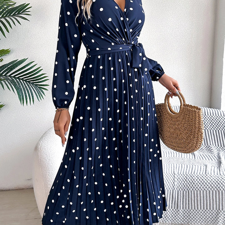 Elegant Surplice Neck Polka Dot Pleated Dress - Long Sleeve Belted