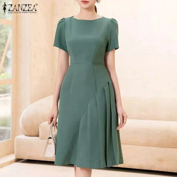 ZANZEA Elegant Summer Work Dress - Short Sleeve Pleated A-Line Sundress