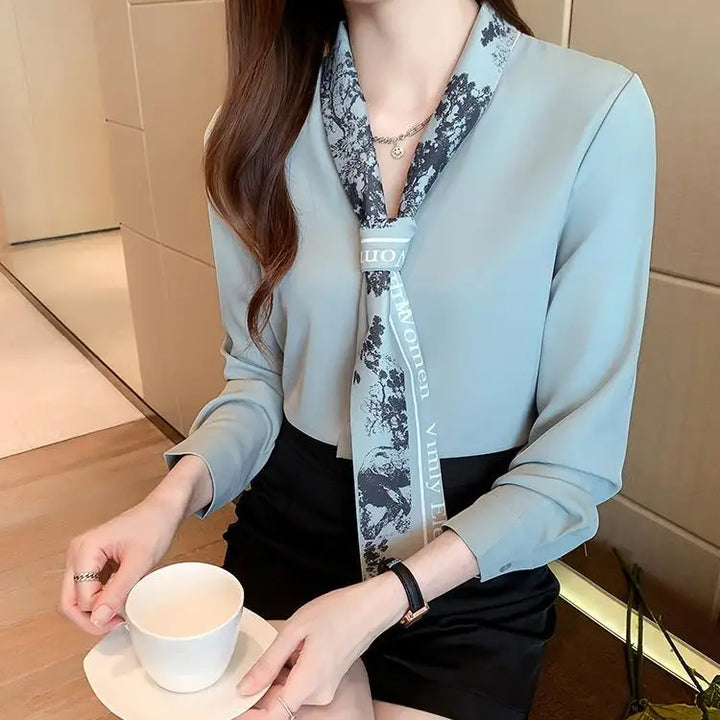 Spring Autumn Scarf Collar Shirt - Elegant Long Sleeve Office Blouse