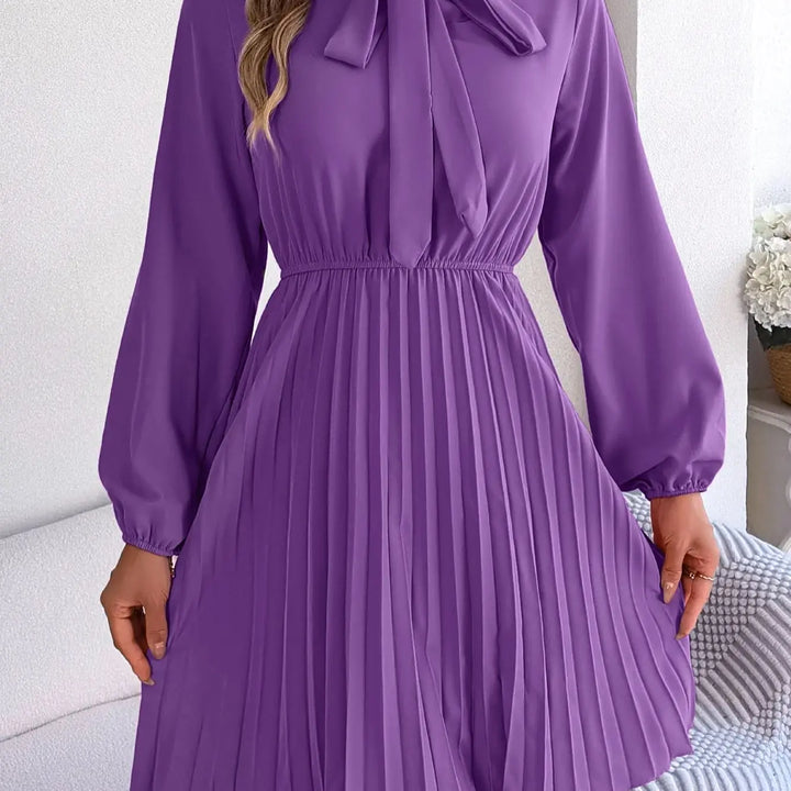 Casual Tie Front Mock Neck Long Sleeve Pleated Dress For Spring & Fall