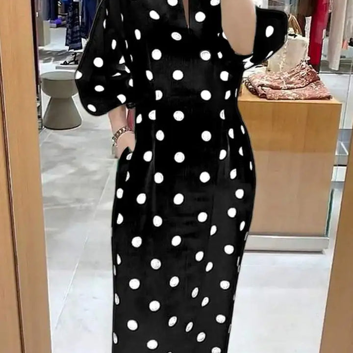 ZANZEA Dots Print V-Neck Midi Dress, slim fit with 3/4 sleeves and pockets