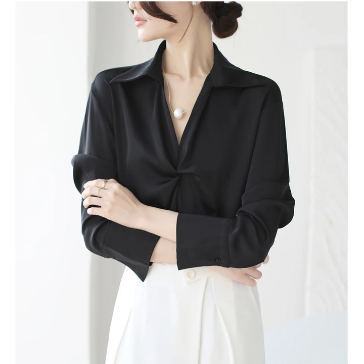 Autumn Casual Turn-Down Collar Blouse - Off-White Chiffon Long Sleeve Shirt