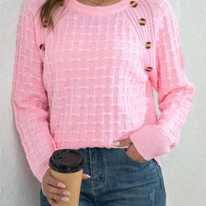 Casual Round Neck Twisted Button Sweater - Long Sleeve Knitted Pullover