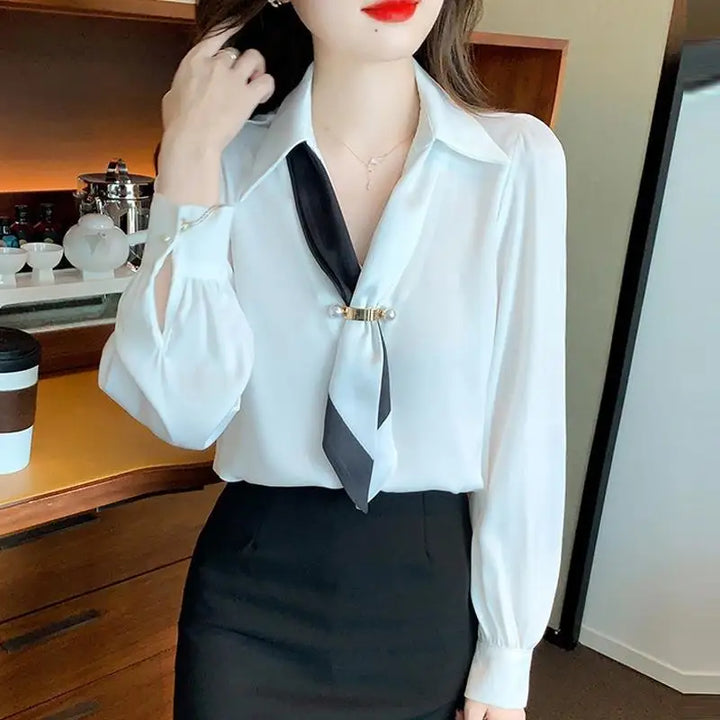 Women’s Bow Tie Blouse - Elegant Korean Fashion V-Neck Long Sleeve Office Top