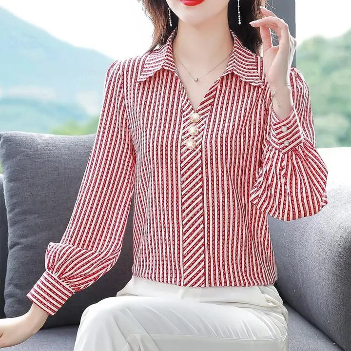 Striped Print Fashion Blouse - Elegant Office Lady Long Sleeve Shirt