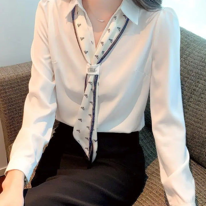 Women's Polo-Neck Blouse - Bow Patchwork Long Sleeve Office Casual Top