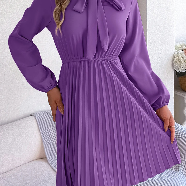 Casual Tie Front Mock Neck Long Sleeve Pleated Dress For Spring & Fall