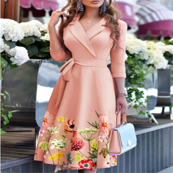 Women's V-Neck Mid-Sleeve Belted Commuter Dress