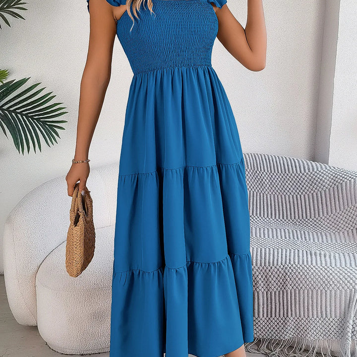 Solid Square Neck Dress - Elegant Waist-Tied Long Dress