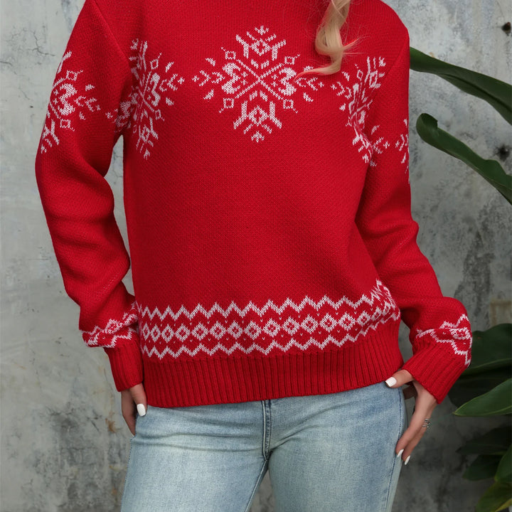 Elegant High Neck Snowflake Jacquard Knitted Pullover - Women's Woolen Long Sleeve