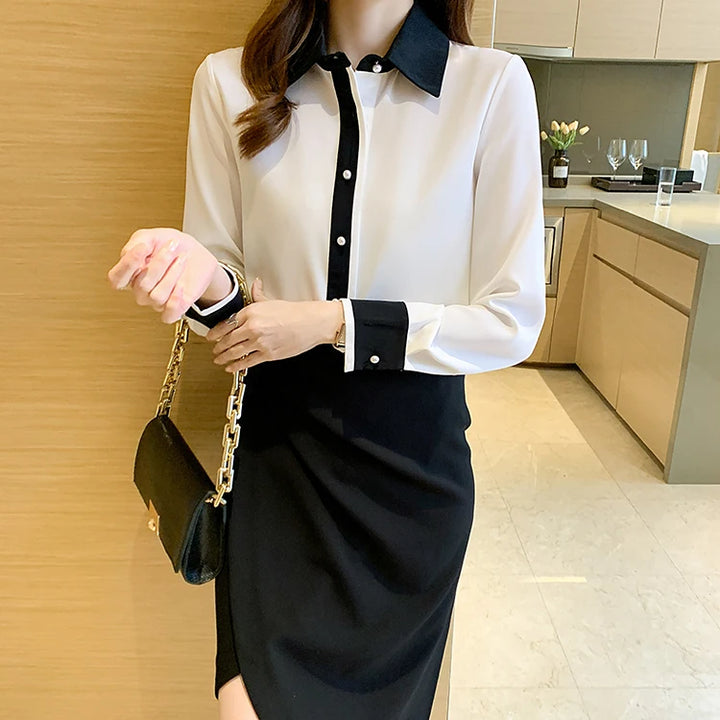 Contrast Color Single Row Pearl Buckle Office Blouse Female Shirt Long Sleeve Casual Tops Autumn Women Loose Blouses