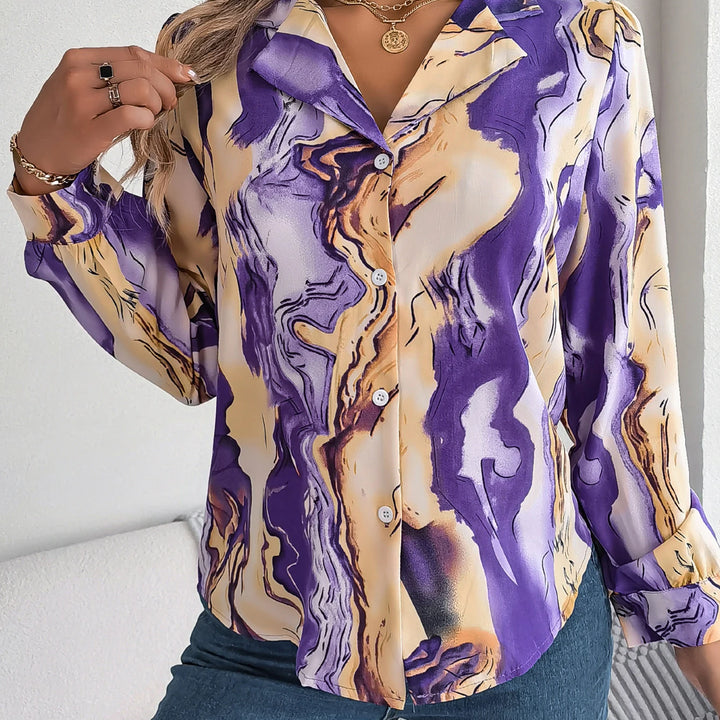 Casual All Over Print Notch Collar Button Long Sleeve Shirt