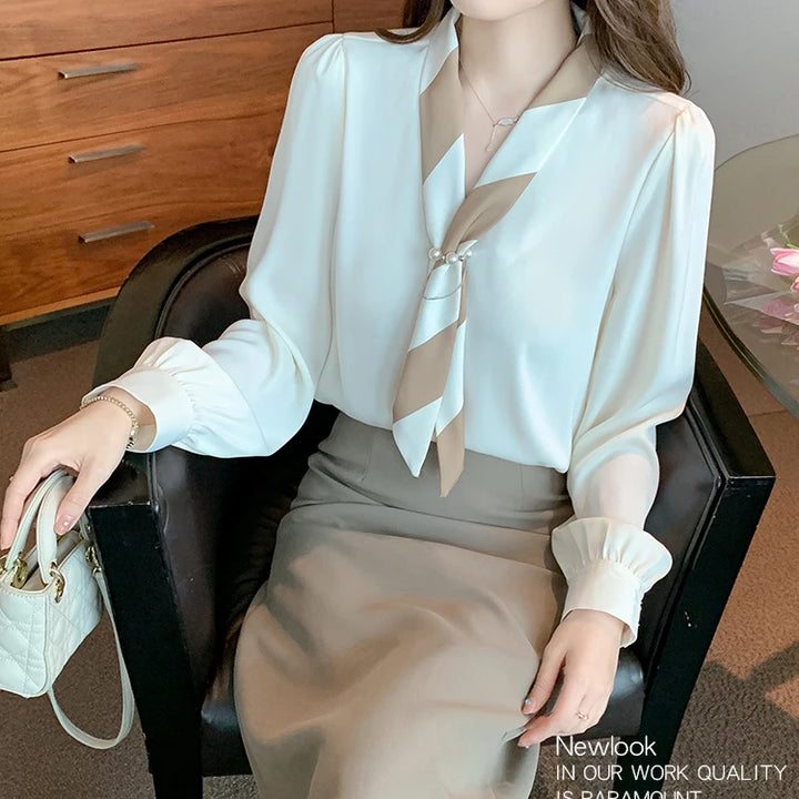 Chiffon Blouse for Women - Elegant Lace-Up V-Neck Long Sleeve Office Top