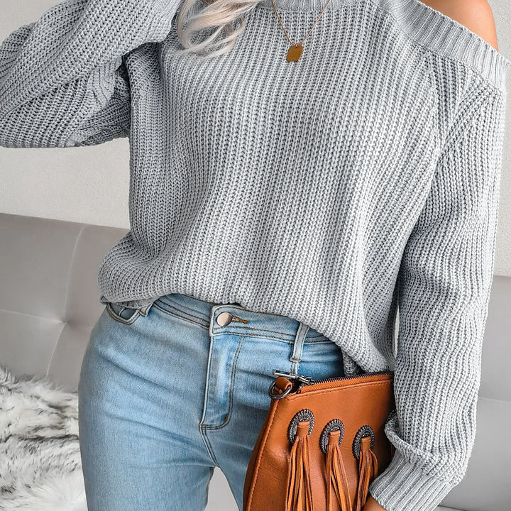 Autumn Winter Solid Color Off-Shoulder Sweater - Crew Neck Long Sleeve Knit Top