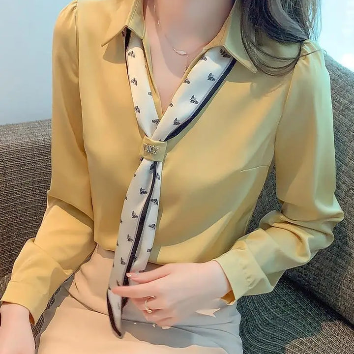 Women's Polo-Neck Blouse - Bow Patchwork Long Sleeve Office Casual Top