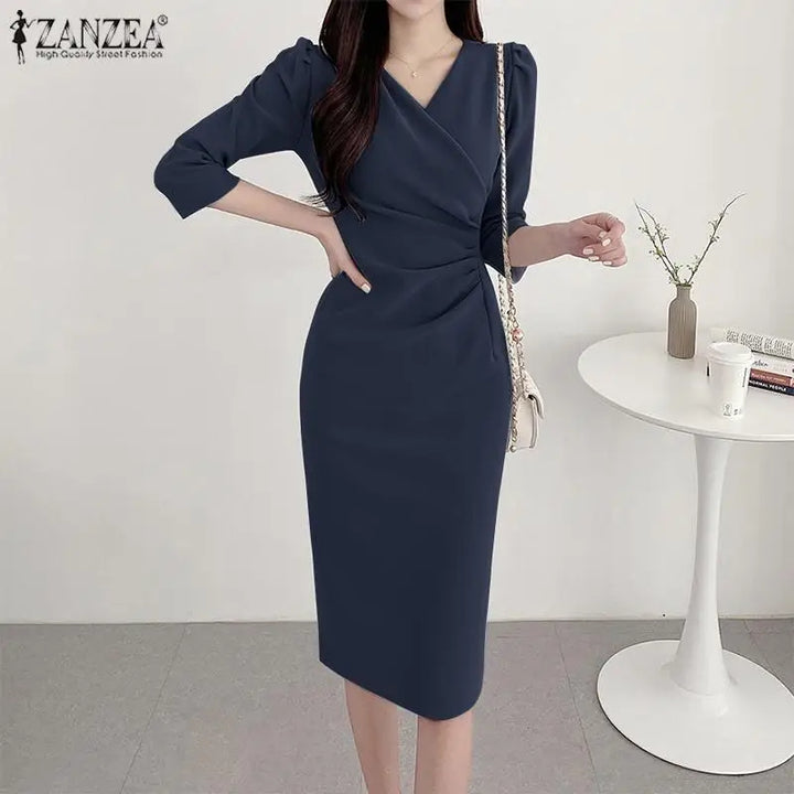 ZANZEA Women's V-Neck Knee-Length Bodycon Dress with 3/4 Sleeves