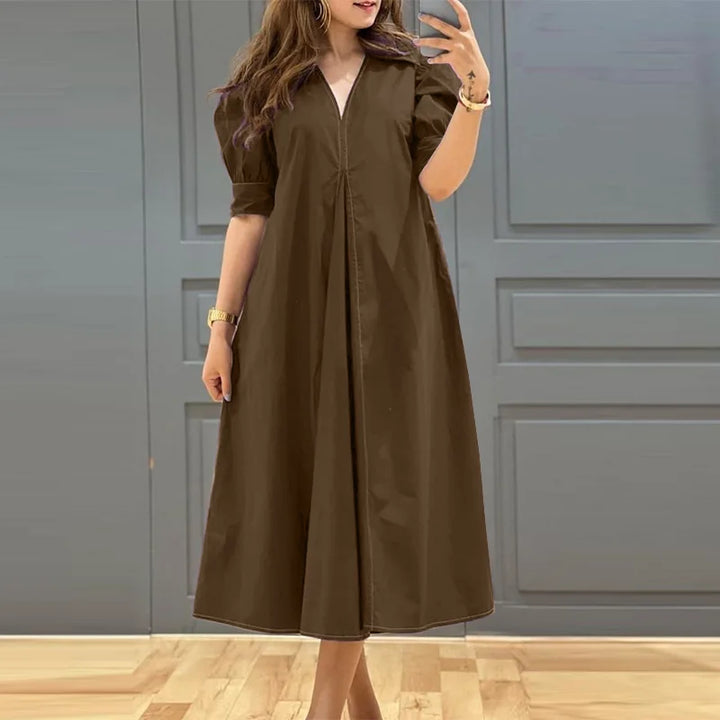 ZANZEA V-neck Pleated Midi Dress with puff sleeves, loose fit