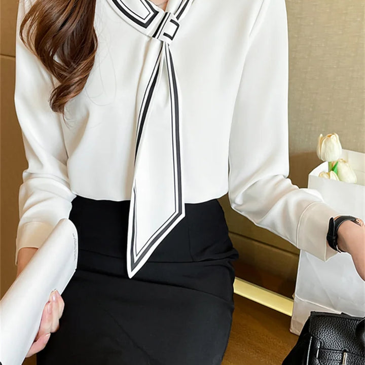 White Chiffon Blouse - Elegant Scarf Collar Long Sleeve Office Top