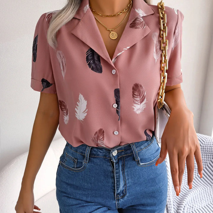 Spring Summer Casual Notched Collar Button Front Feather Printed Short Sleeved Shirt Women Blouse