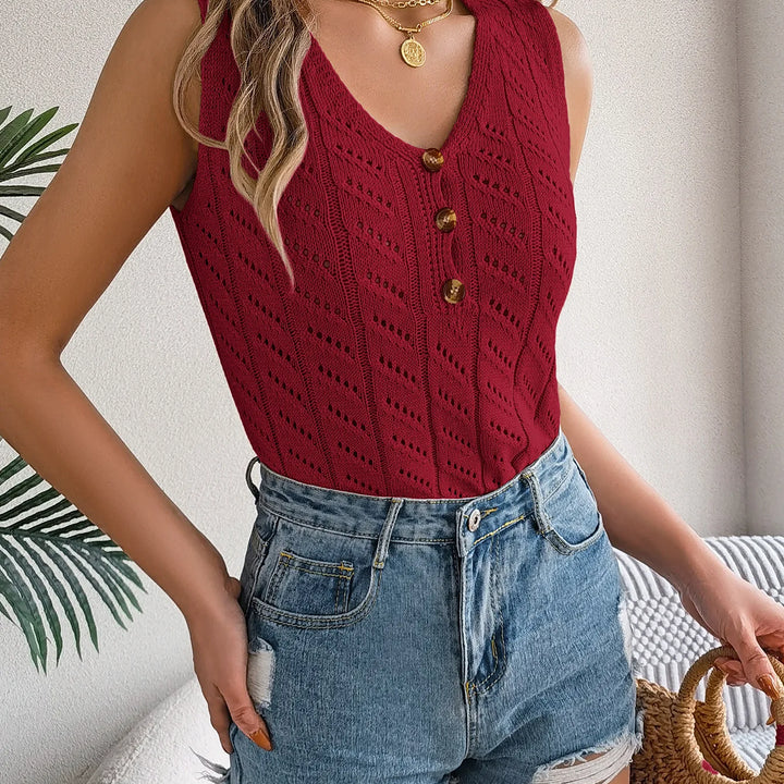 Knitted Button Vest - Casual Hollow-Out Sleeveless V-Neck Top