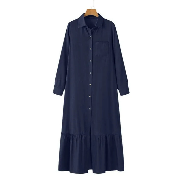 Women's Long-Sleeved Loose Denim Dress with Lapel and Button-Up