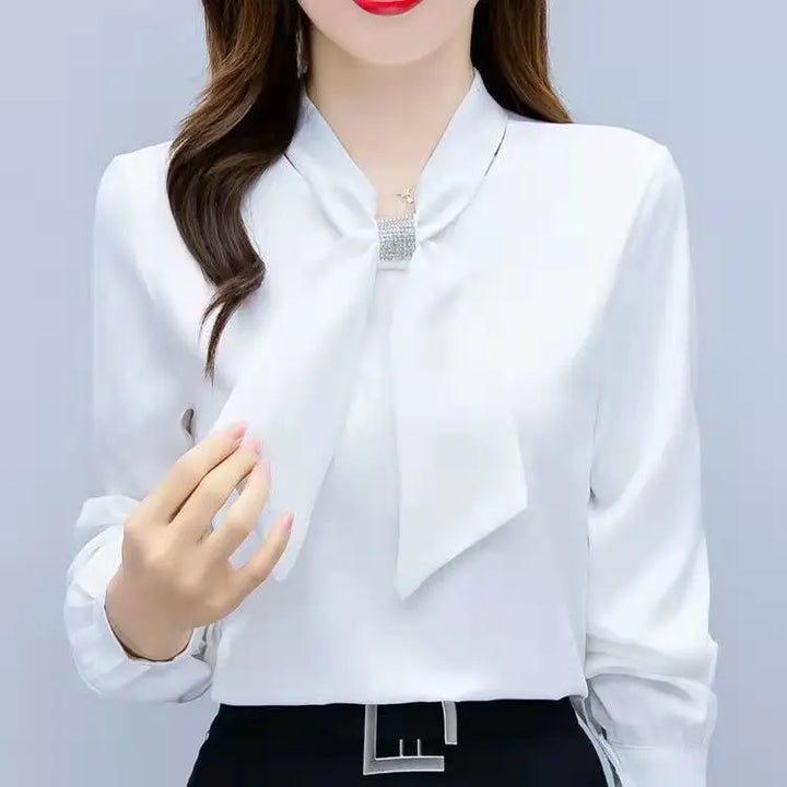 Spring & Summer Satin Shirt - Korean Fashion Bow V-Neck Long Sleeve Top