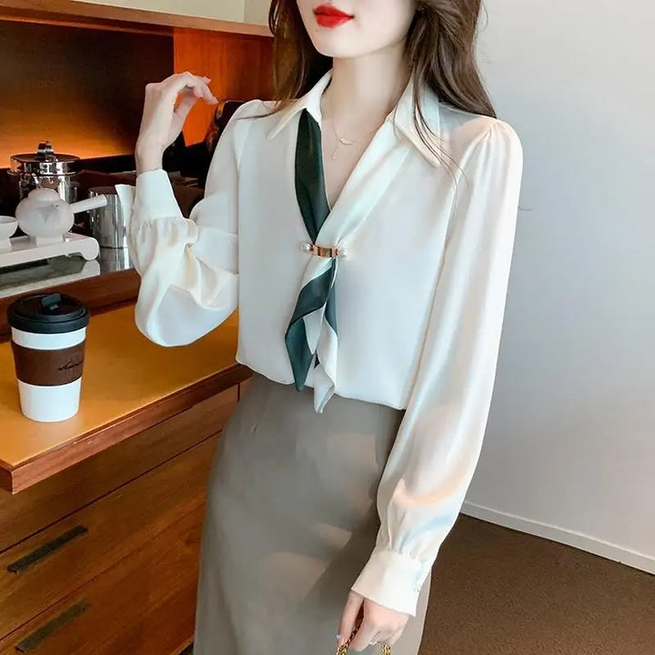 Women’s Bow Tie Blouse - Elegant Korean Fashion V-Neck Long Sleeve Office Top