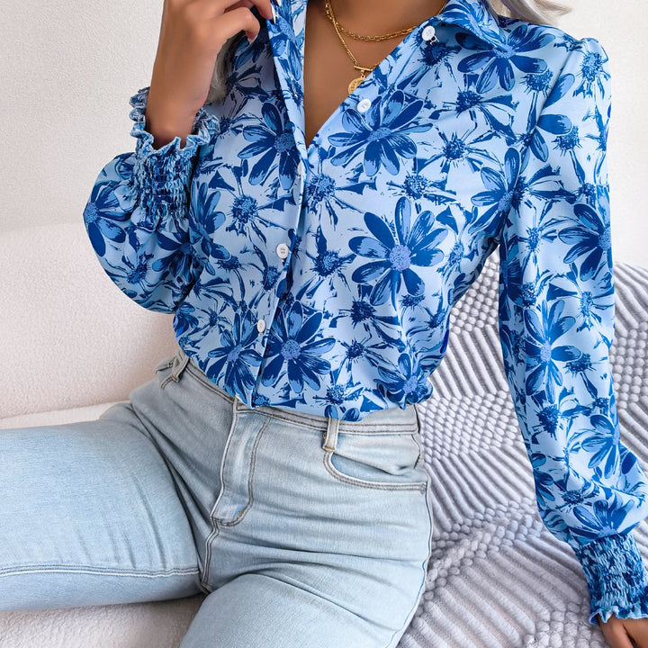 Casual Lapel Button Long Sleeve  Flower Print Shirts