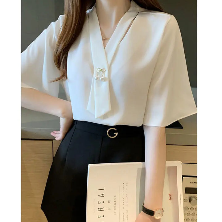 Short Sleeve V-neck Chiffon Blouse - Breathable Slim Elegant Summer Office Top